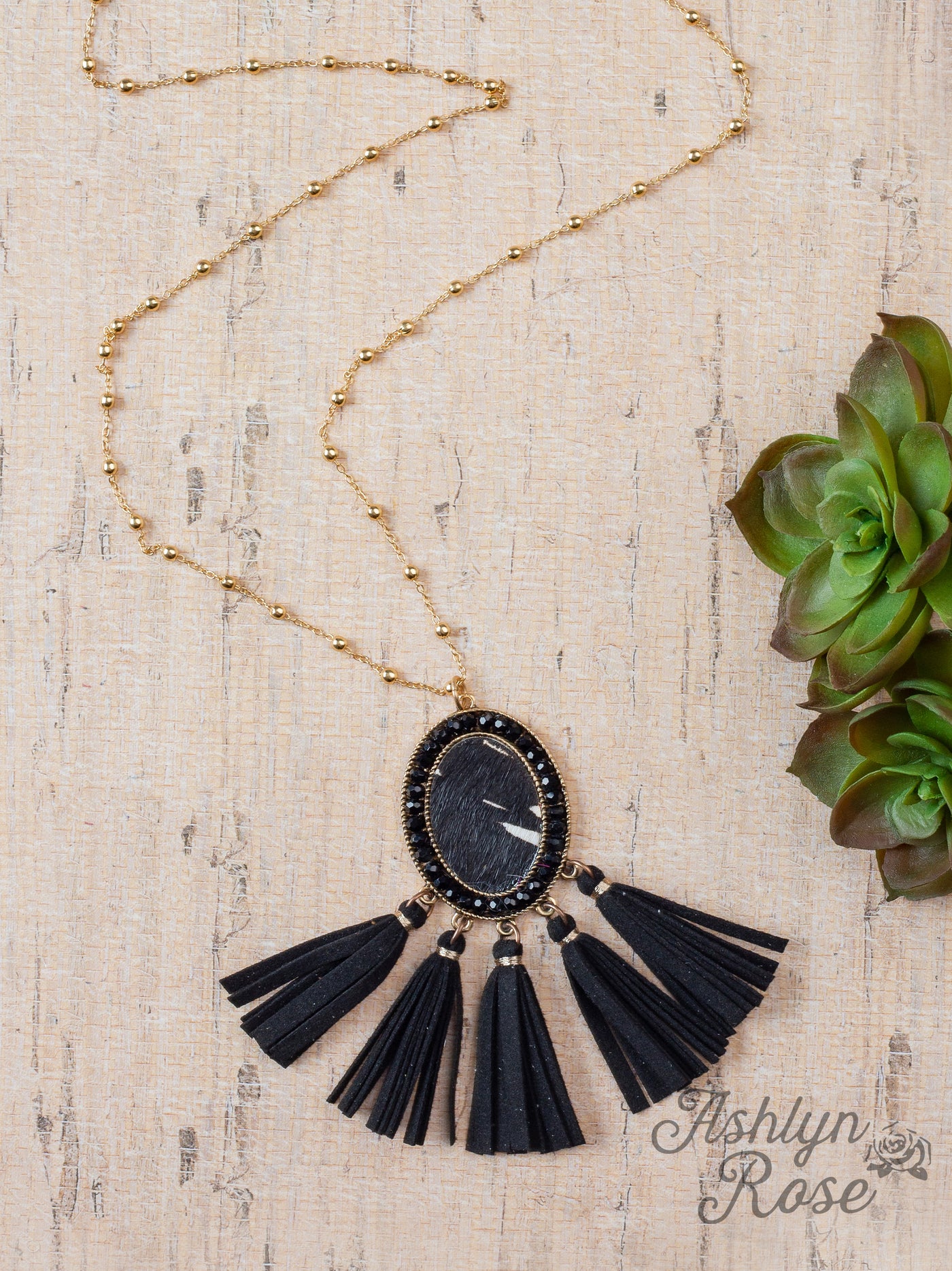 Saddle Up Black Cow Hide Necklace With Black Suede Tassel