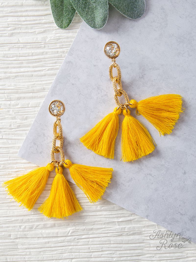 Speak to Me with Gold Chains Tassel Earrings, Yellow